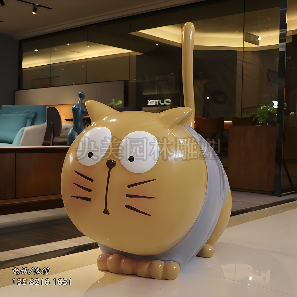 圓滾滾的抽象卡通貓咪雕塑擺件