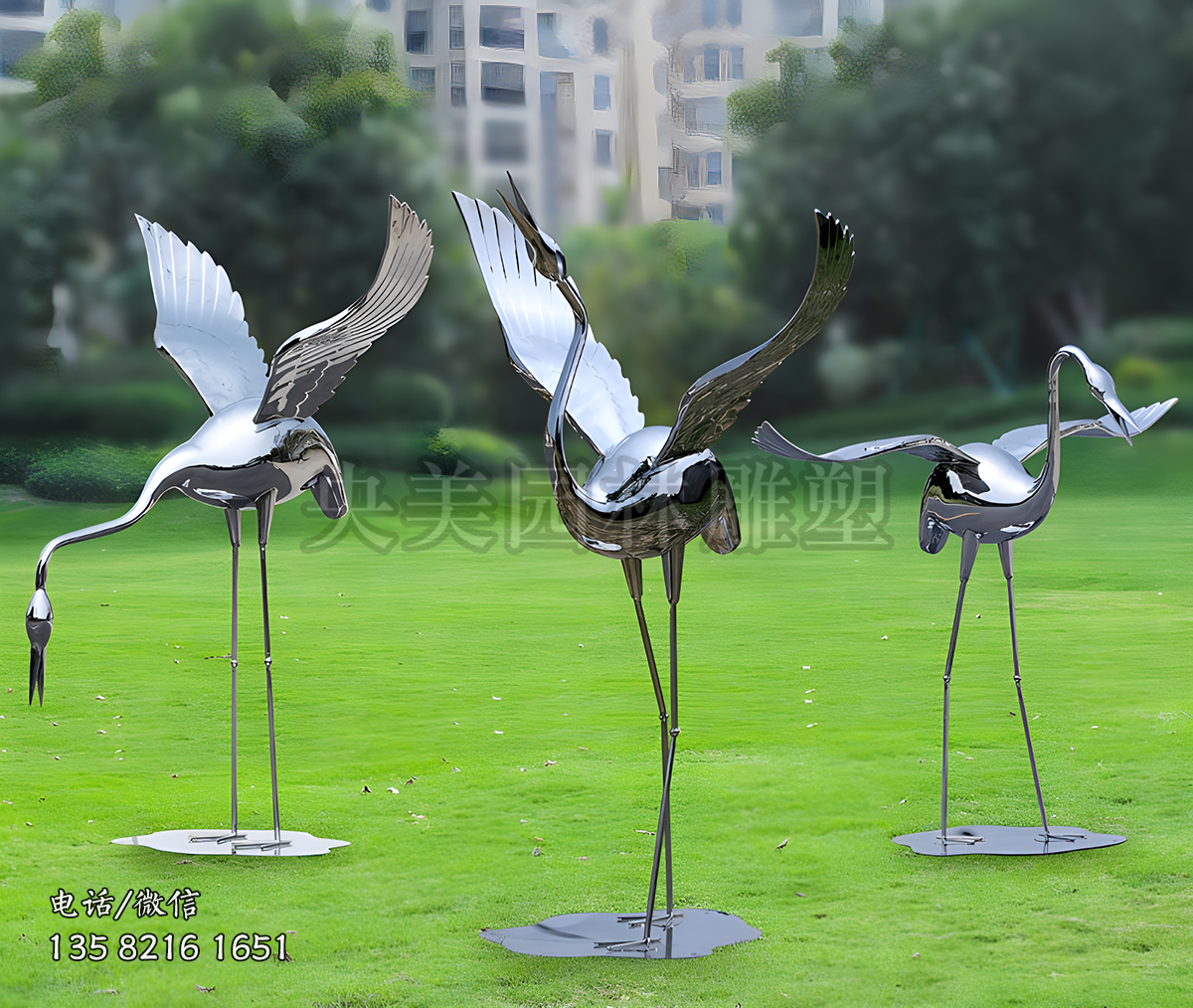 不銹鋼鏡面戶外景觀鶴雕塑