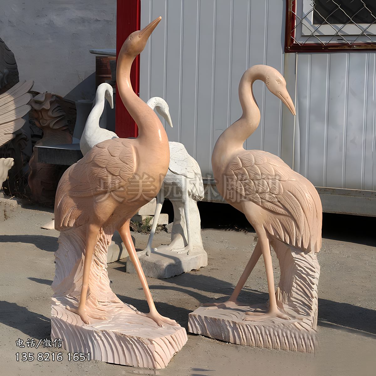 石雕晚霞紅仙鶴雕塑