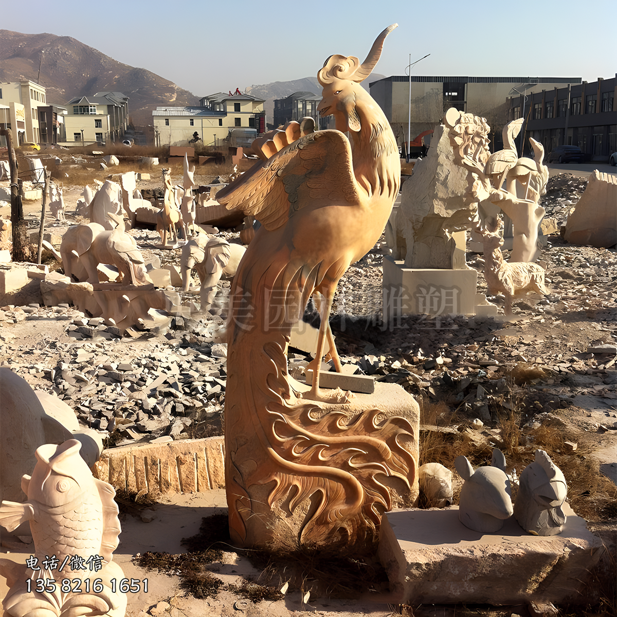 晚霞紅石雕鳳凰雕塑