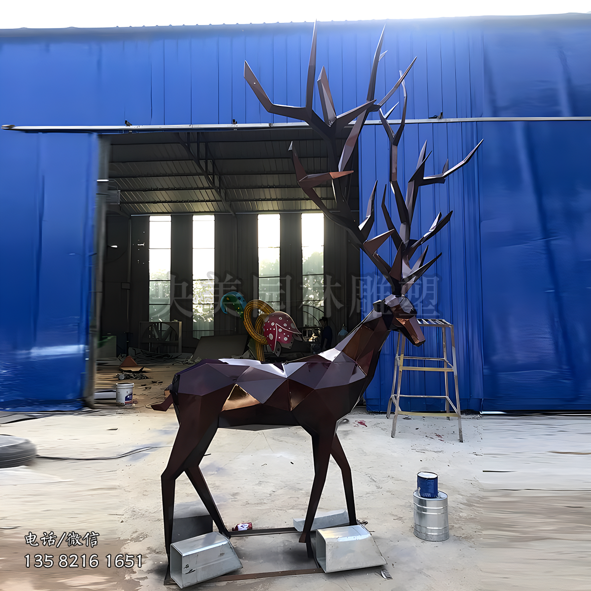銅色不銹鋼幾何梅花鹿雕塑