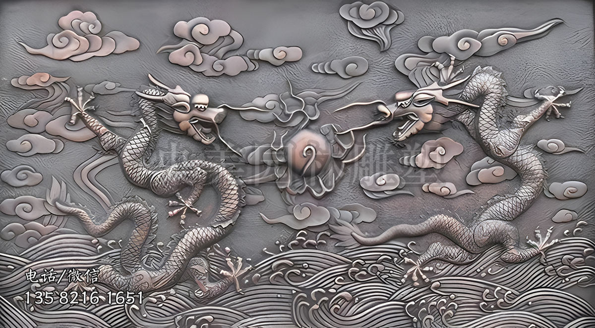 二龍戲珠紫銅鍛造浮雕裝飾畫