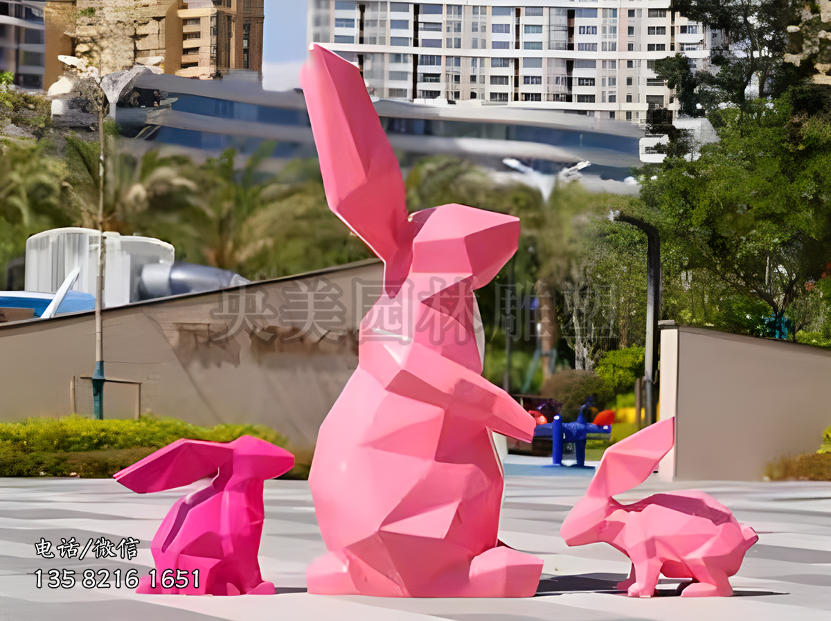 幾何塊面玻璃鋼兔子雕塑擺件