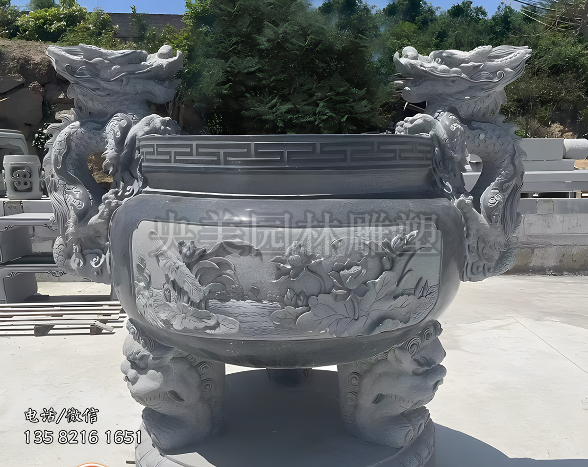 青石雕刻雙龍石雕鼎