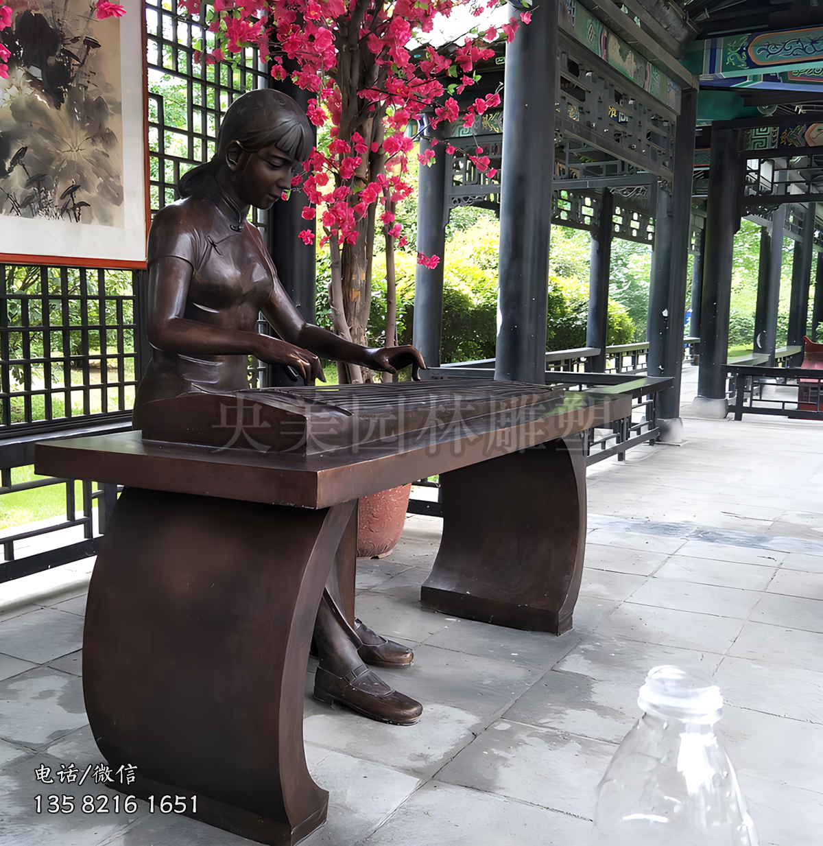 鑄銅古琴，彈琴人物雕塑擺件