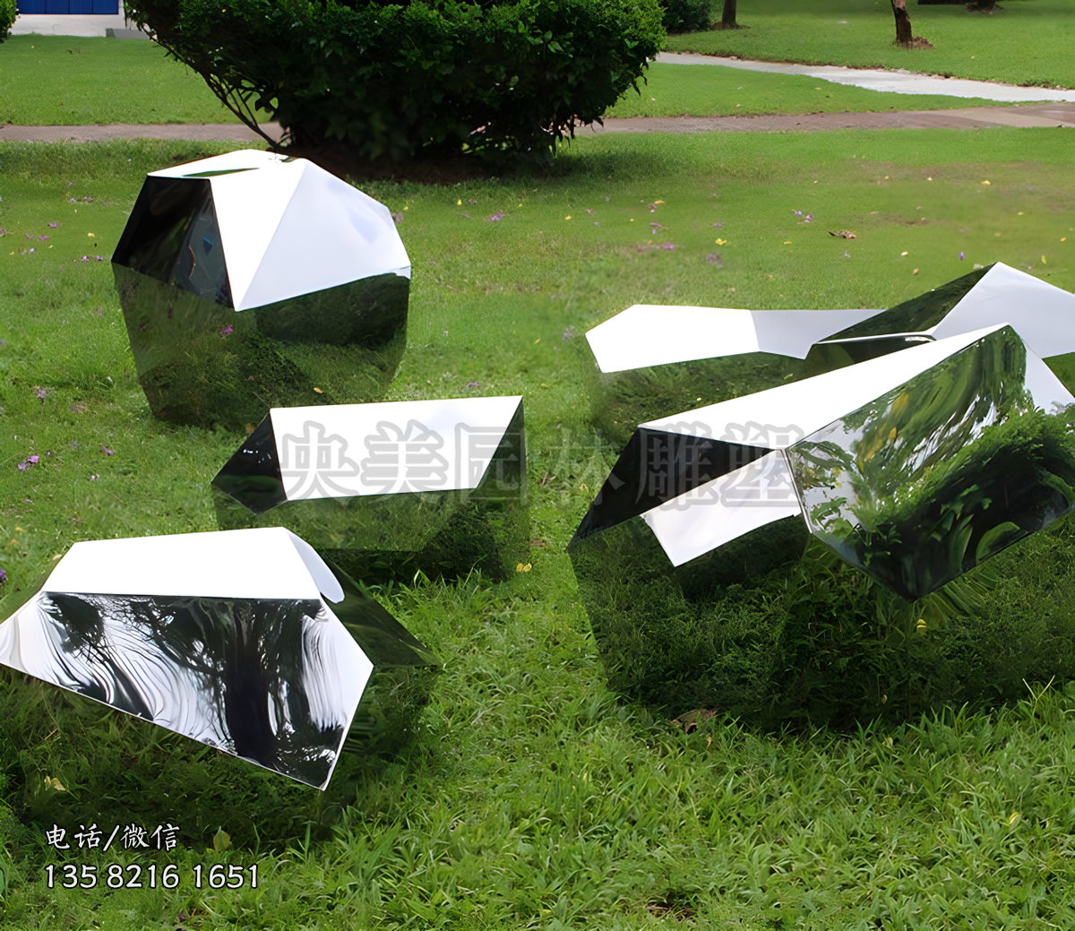 鏡面不銹鋼幾何形石頭雕塑擺件