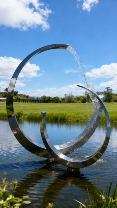 鏡面不銹鋼噴水C型圓環(huán)雕塑