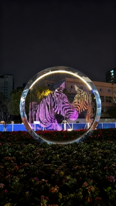 鏤空不銹鋼發(fā)光水幕圓環(huán)雕塑