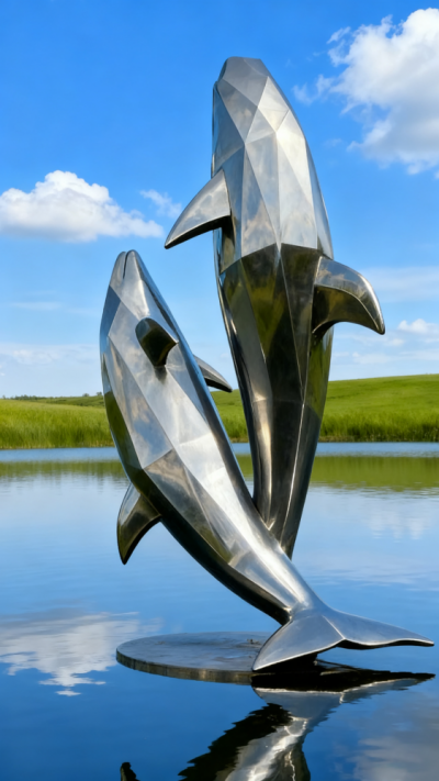 鏡面不銹鋼海豚雕塑 (2)