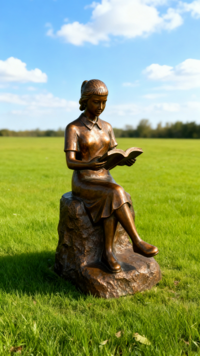 純銅鑄造看書女孩雕塑